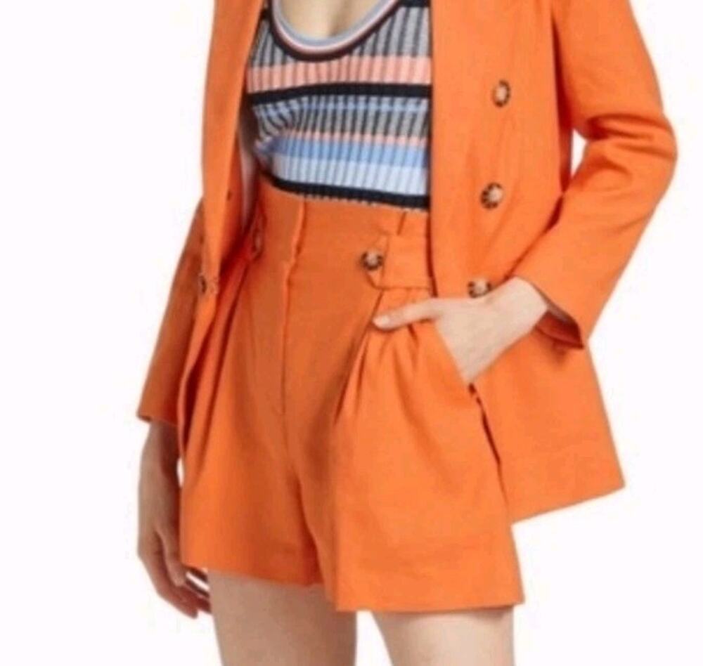 Veronica Beard Franzi Pleated Linen Blend Shorts Orange Size 6 High Rise Belted